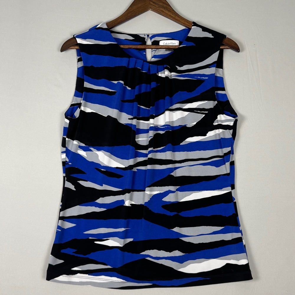 Calvin Klein Shell Top Women L Blue Black Abstract Stripe NWOT Pleated Neck